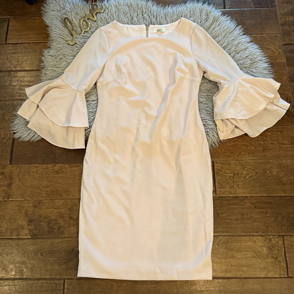Calvin Klein Chiffon Bell Sleeve Sheath Dress Size 8 Light Pink Flutter New